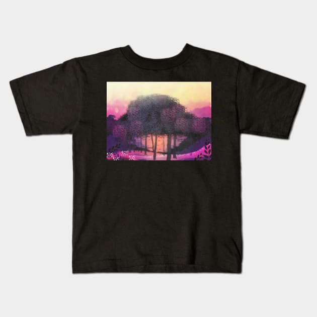 Pink Sunset Forest Kids T-Shirt by saradaboru